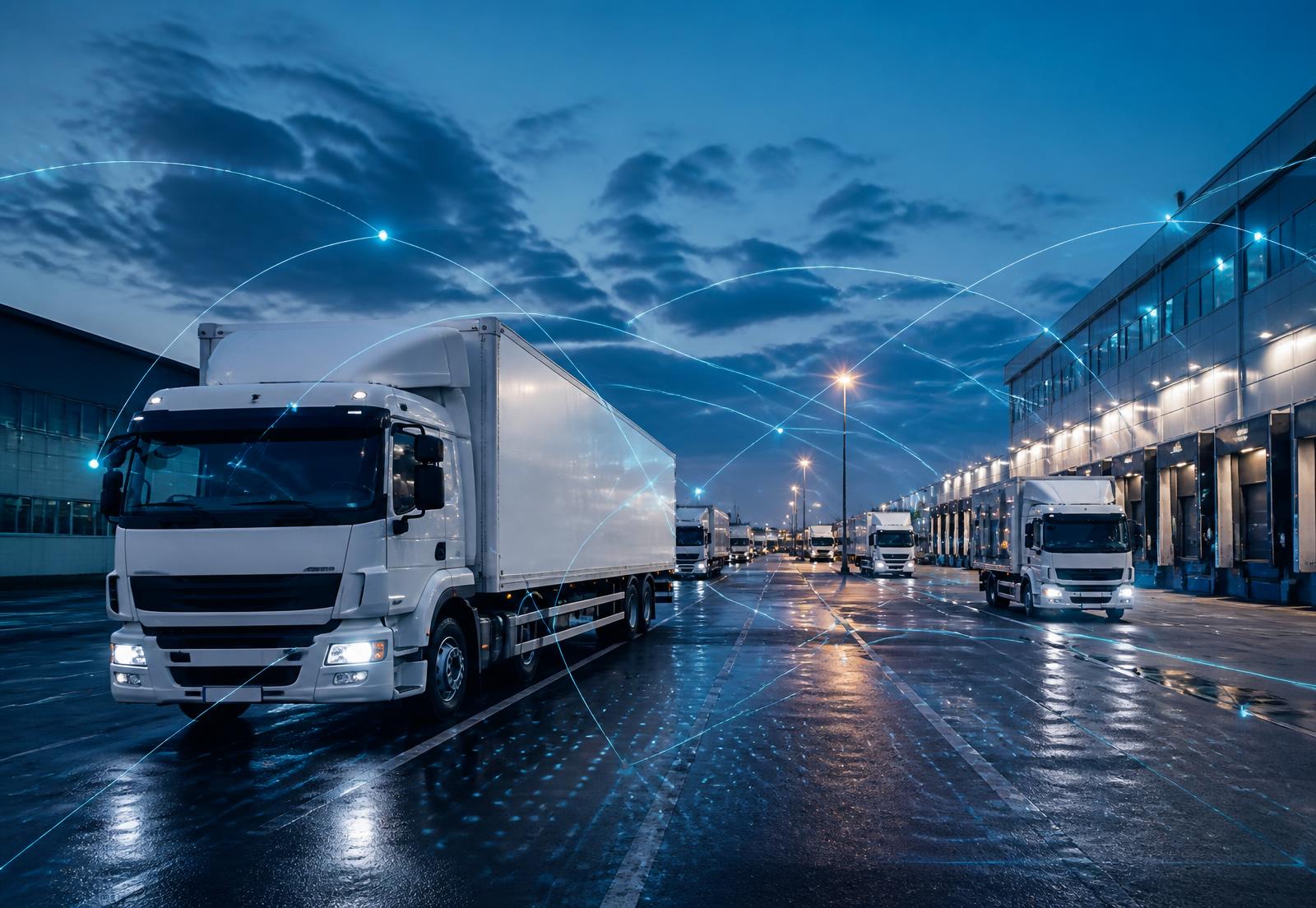 Connected delivery trucks at a distribution depot with network links overlaid